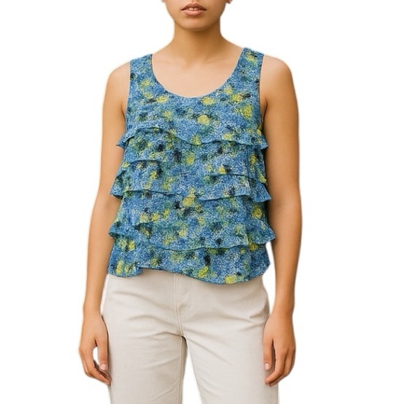 💎 BCBGeneration Sleeveless Ruffle Floral Top Blue - Picture 1 of 8